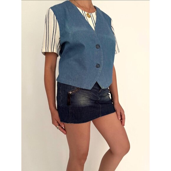 90s vintage blue denim button up vest cottage summer layered short sleeved shirt - Picture 6 of 10